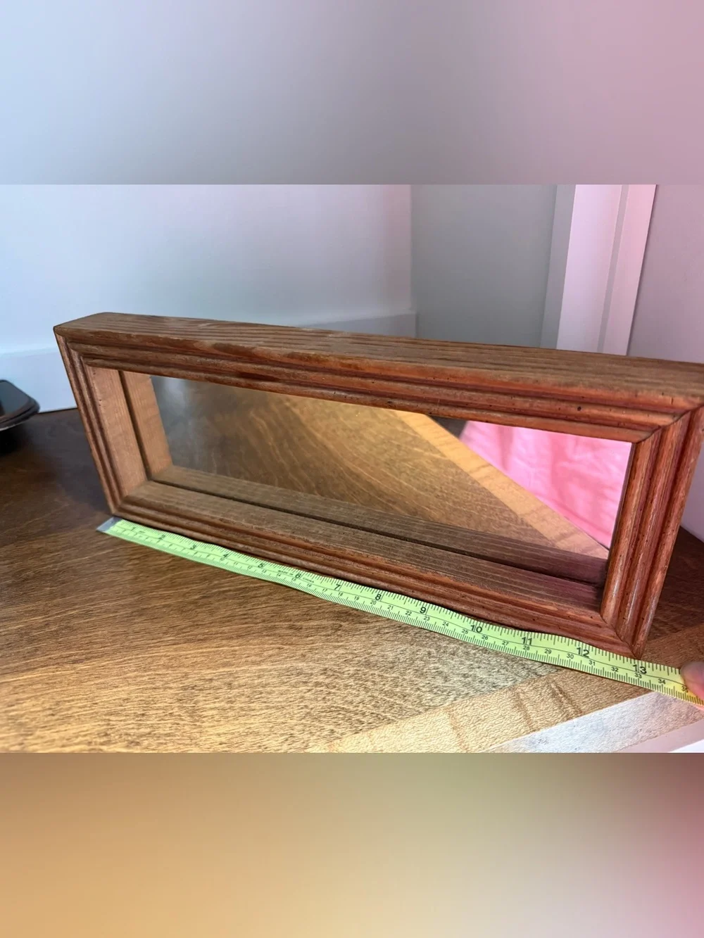 Vintage MCM Narrow Rectangular Accent Mirror, Brown Wood Frame